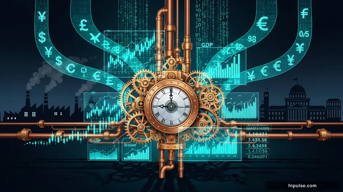 A steampunk industrial cityscape with copper-riveted factory towers, spinning brass gears driving economic indicators, GDP graphs rendered in glowing teal holographic projections against a moody dark navy sky — editorial illustration for "US Nonfarm Payrolls Beat Expectations with 115K Jobs Added in April, Complicating Fed Rate Cut Path".