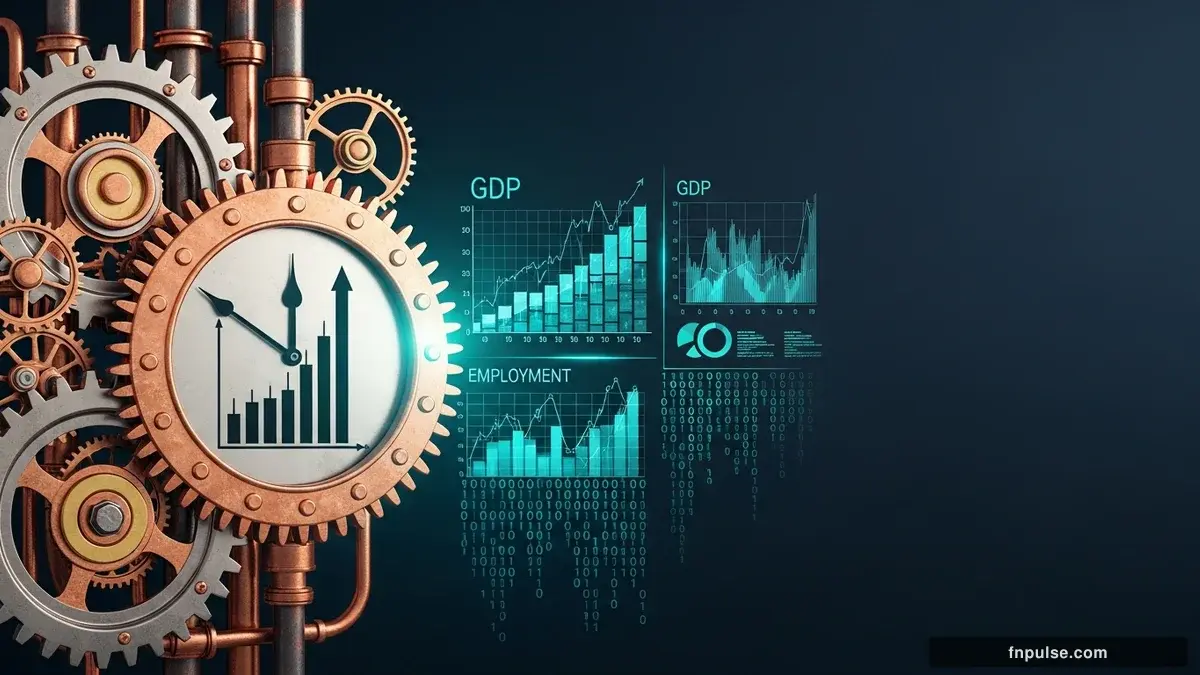 A steampunk industrial cityscape with copper-riveted factory towers, spinning brass gears driving economic indicators, GDP graphs rendered in glowing teal holographic projections against a moody dark navy sky — editorial illustration for "US PPI Surges 1.4% in April as Energy Shock Drives Wholesale Inflation to 6% – Fed Hike Odds Spike".