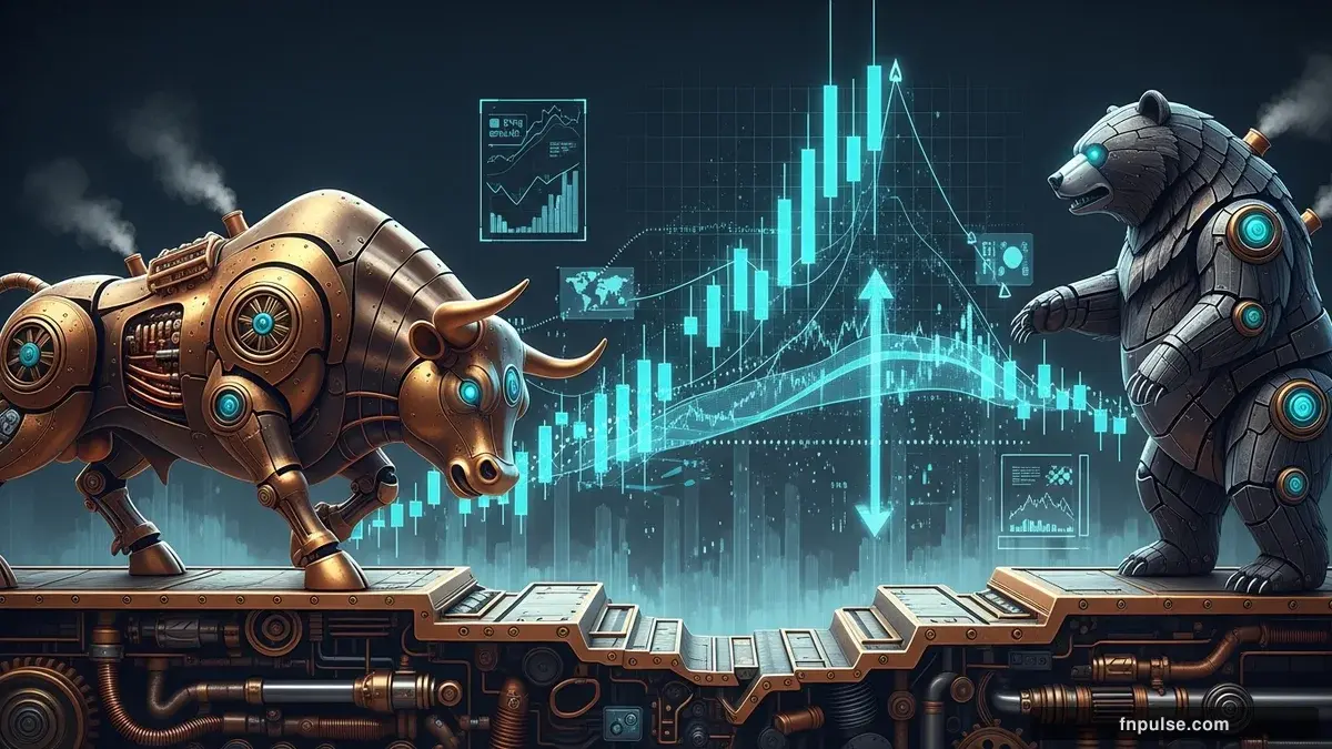 A steampunk mechanical bull with copper gears and brass rivets charges through a digital financial landscape, surrounded by glowing teal candlestick charts, binary code streams, and holographic market data overlays against a dark navy background — editorial illustration for "USD/CAD Technical Analysis: Oil Prices and Rate Divergence Set Up Potential 1.40 Breakout".