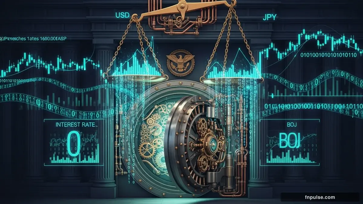 A grand steampunk vault with massive brass doors and copper mechanism wheels, balance scales made of clockwork gears, interest rate indicators glowing in teal holographic displays — editorial illustration for "USD/JPY Breaches 160.00 as BOJ Holds Rates and Fed Pauses".
