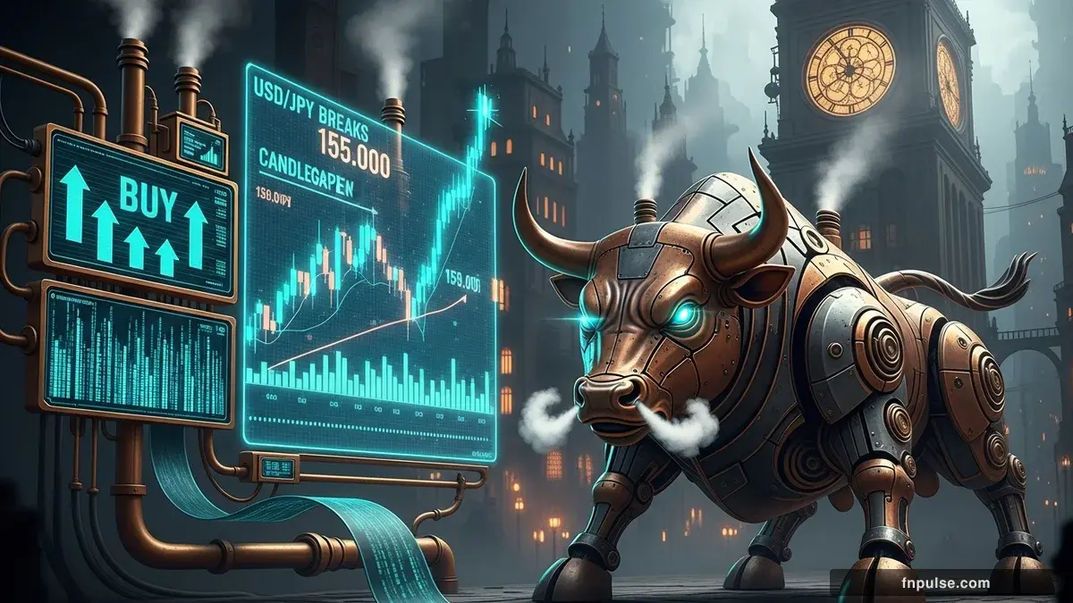A steampunk mechanical bull with copper gears and brass rivets charges through a digital financial landscape, surrounded by glowing teal candlestick charts, binary code streams, and holographic market data overlays against a dark navy background — editorial illustration for "USD/JPY Breaks 159.00 as Bank of Japan Faces 77% Rate Hike Odds".