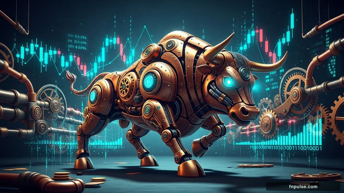 A steampunk mechanical bull with copper gears and brass rivets charges through a digital financial landscape, surrounded by glowing teal candlestick charts, binary code streams, and holographic market data overlays against a dark navy background — editorial illustration for "USD/JPY Hits 157.21 as Brent Crude Surges Past $105 Ahead of US CPI".