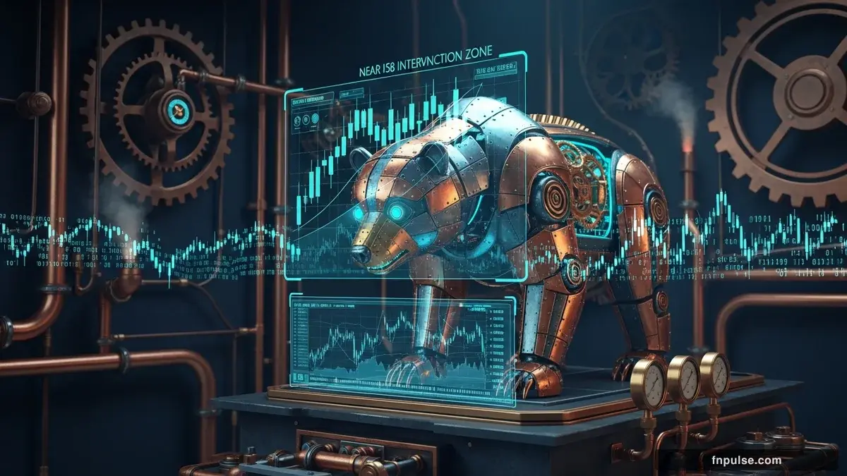 A steampunk mechanical bull with copper gears and brass rivets charges through a digital financial landscape, surrounded by glowing teal candlestick charts, binary code streams, and holographic market data overlays against a dark navy background — editorial illustration for "USD/JPY Hovers Near 158 Intervention Zone as Traders Eye Light Calendar Week".