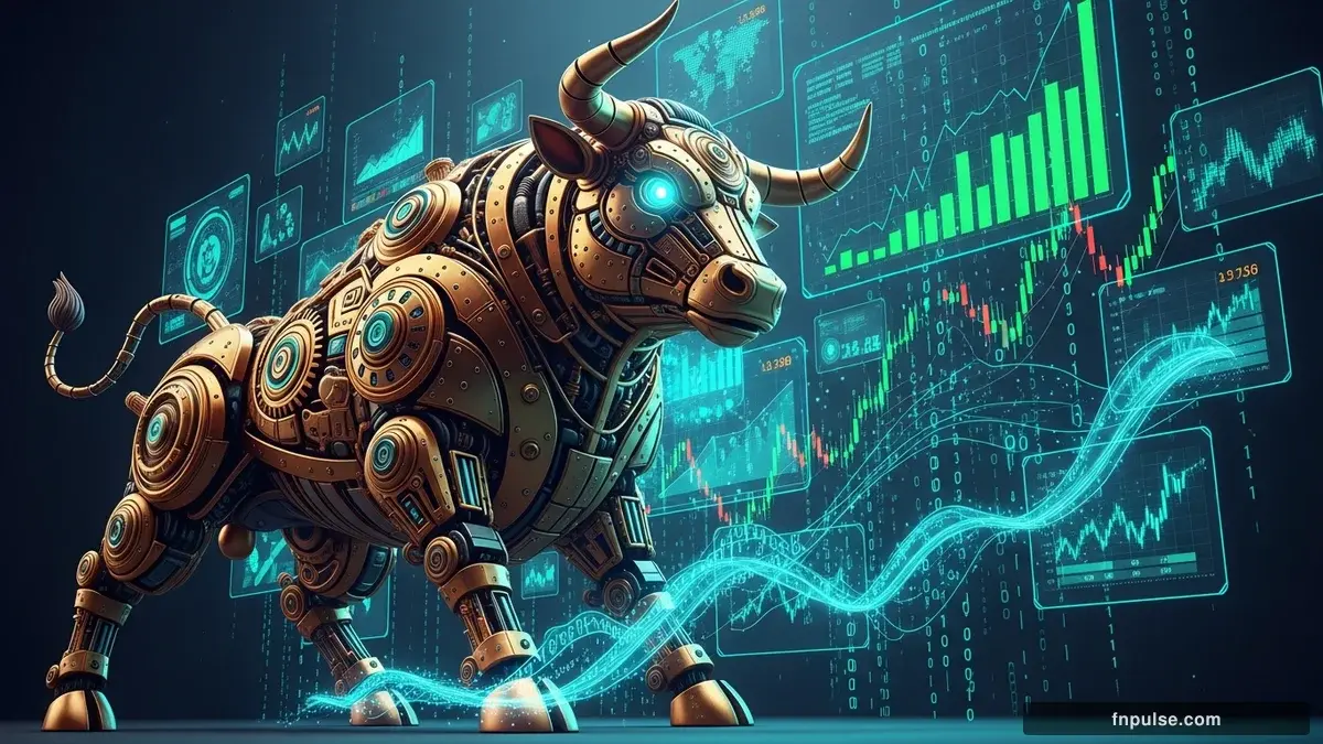 A steampunk mechanical bull with copper gears and brass rivets charges through a digital financial landscape, surrounded by glowing teal candlestick charts, binary code streams, and holographic market data overlays against a dark navy background — editorial illustration for "USD/JPY Surges to 158.50 as Global Bond Selloff Tests Japan's Intervention Resolve".