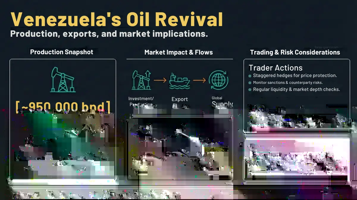 Infographic titled 'Venezuela's Oil Revival,' detailing production, exports, and market implications. Left section: Production Snapshot shows 950,000 barrels per day with a line graph highlighting operational constraints. Center: Market Impact details investment, export flows, and global supply with iconography. Right: Trading & Risk Considerations suggest trader actions, risk control, and scenario box for managed re-entry. Tone: informative and analytical.