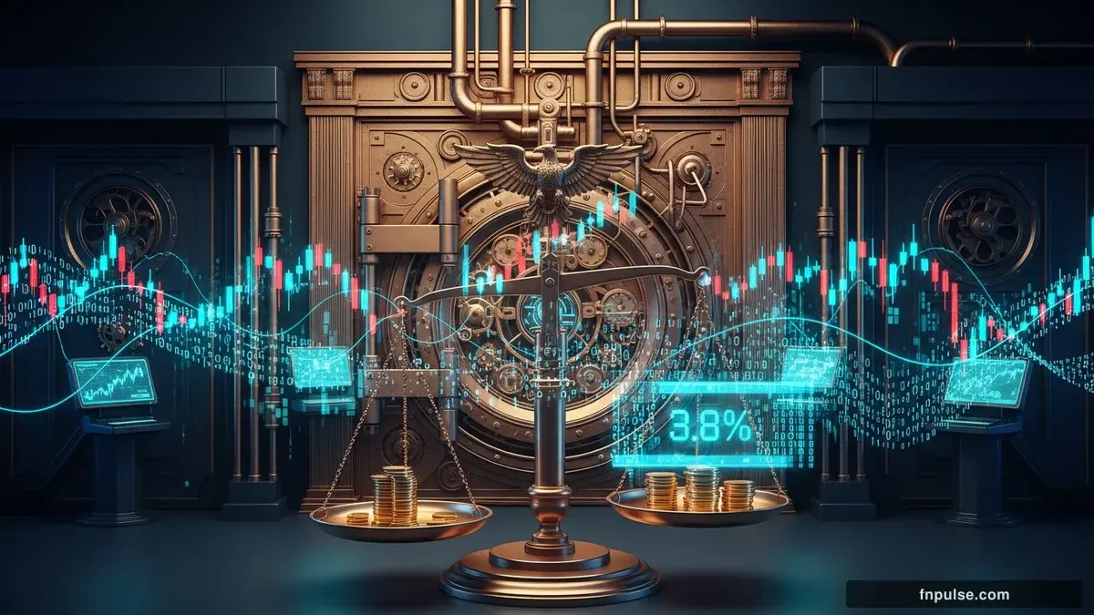 A grand steampunk vault with massive brass doors and copper mechanism wheels, balance scales made of clockwork gears, interest rate indicators glowing in teal holographic displays — editorial illustration for "Senate Confirms Kevin Warsh as Fed Governor Ahead of Chair Vote as Inflation Hits 3.8%".