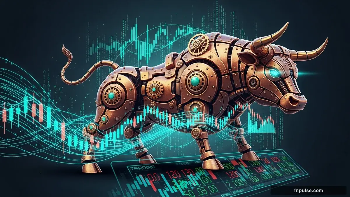 A steampunk mechanical bull with copper gears and brass rivets charges through a digital financial landscape, surrounded by glowing teal candlestick charts, binary code streams, and holographic market data overlays against a dark navy background — editorial illustration for "Week Ahead: Warsh's Fed Debut, USD/JPY Flirts with 158 Intervention Zone".