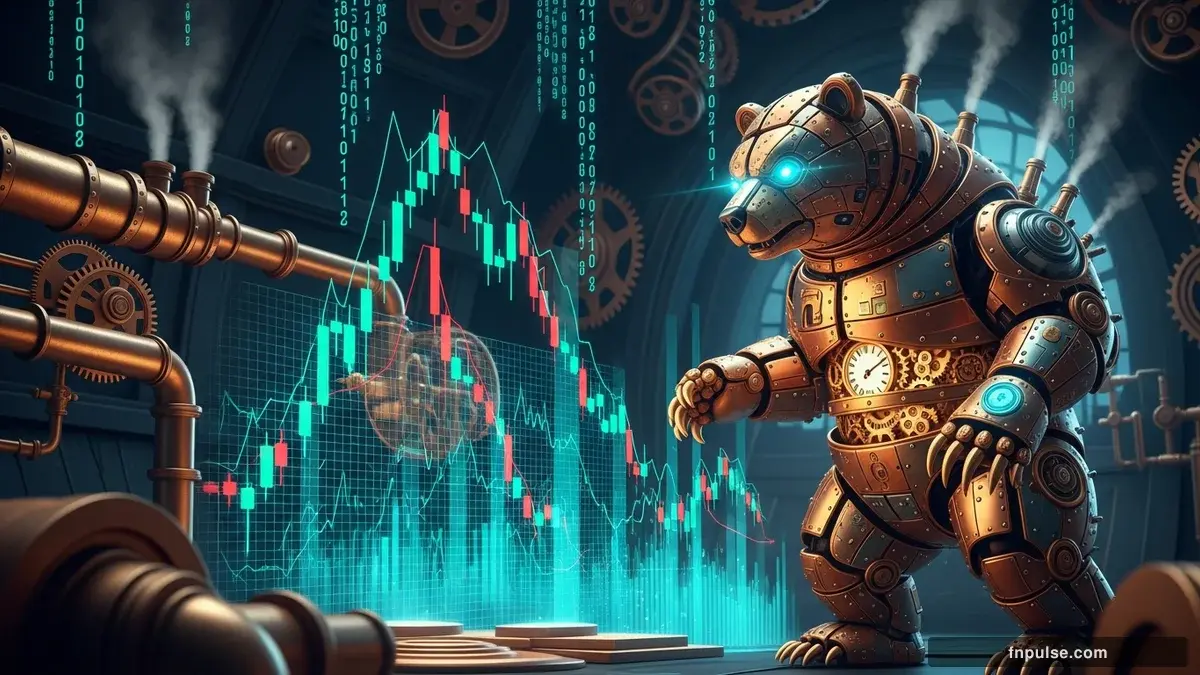 A steampunk mechanical bull with copper gears and brass rivets charges through a digital financial landscape, surrounded by glowing teal candlestick charts, binary code streams, and holographic market data overlays against a dark navy background — editorial illustration for "Week Ahead: RBA Rate Hike, US Jobs Data, and OPEC+ Meeting Set to Drive Markets".