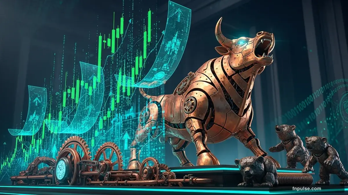 A steampunk mechanical bull with copper gears and brass rivets charges through a digital financial landscape, surrounded by glowing teal candlestick charts, binary code streams, and holographic market data overlays against a dark navy background — editorial illustration for "WTI Crude Surges 4.2% to $105.42, Driving US Dollar Index to 3-Week High".