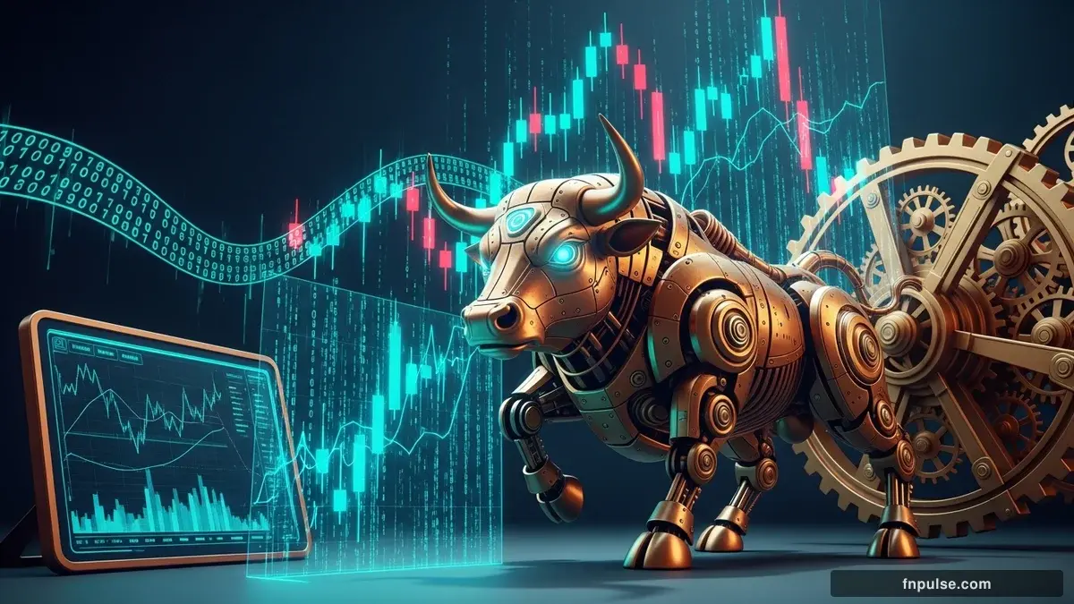 A steampunk mechanical bull with copper gears and brass rivets charges through a digital financial landscape, surrounded by glowing teal candlestick charts, binary code streams, and holographic market data overlays against a dark navy background — editorial illustration for "Yen Breaches 160 Per Dollar, Defying Japan's Suspected $35 Billion Intervention".