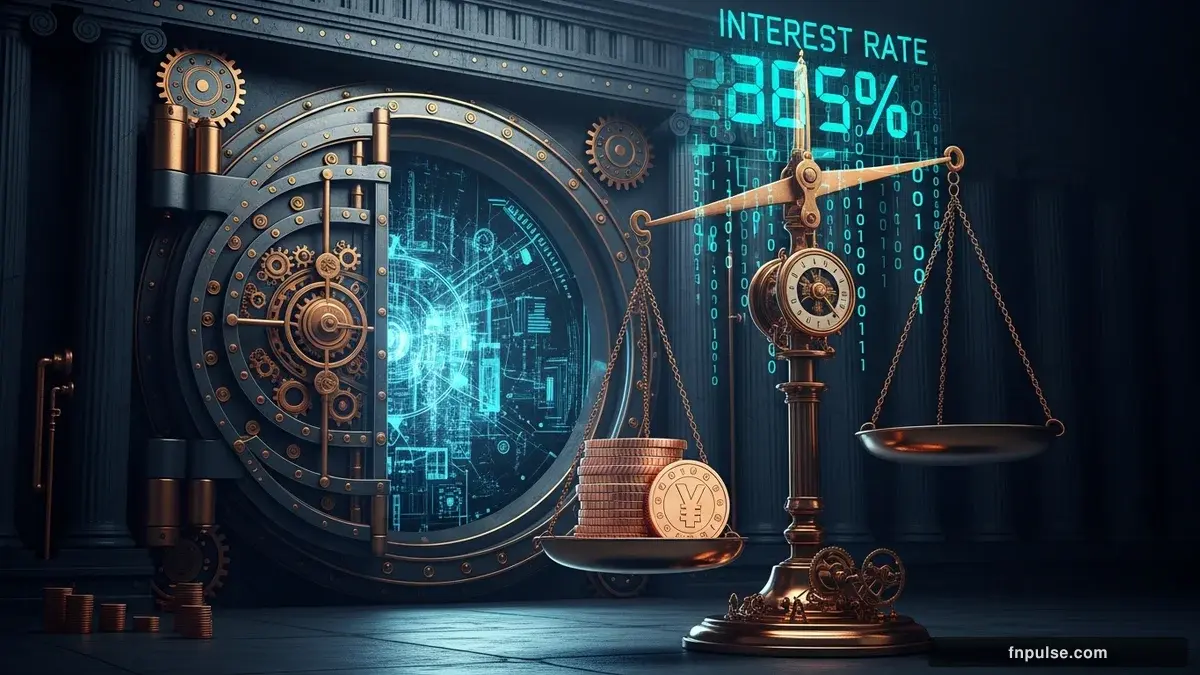A grand steampunk vault with massive brass doors and copper mechanism wheels, balance scales made of clockwork gears, interest rate indicators glowing in teal holographic displays — editorial illustration for "Yen Hits Critical 160 Level as Bank of Japan Faces High-Stakes Rate Decision".