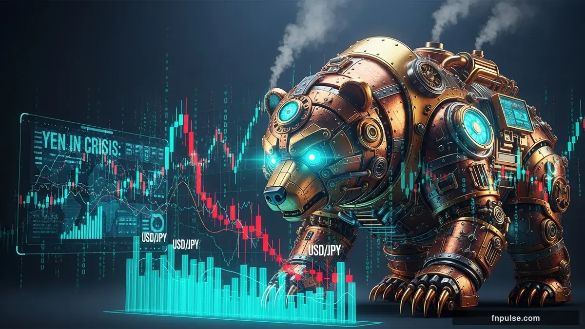 A steampunk mechanical bull with copper gears and brass rivets charges through a digital financial landscape, surrounded by glowing teal candlestick charts, binary code streams, and holographic market data overlays against a dark navy background — editorial illustration for "Yen in Crisis: USD/JPY Shatters 160 as Traders Defy Tokyo's Intervention".