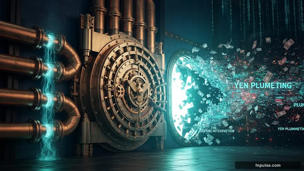 A grand steampunk vault with massive brass doors and copper mechanism wheels, balance scales made of clockwork gears, interest rate indicators glowing in teal holographic displays — editorial illustration for "Yen Plummets Past 160 Per Dollar, Defying Massive Intervention".