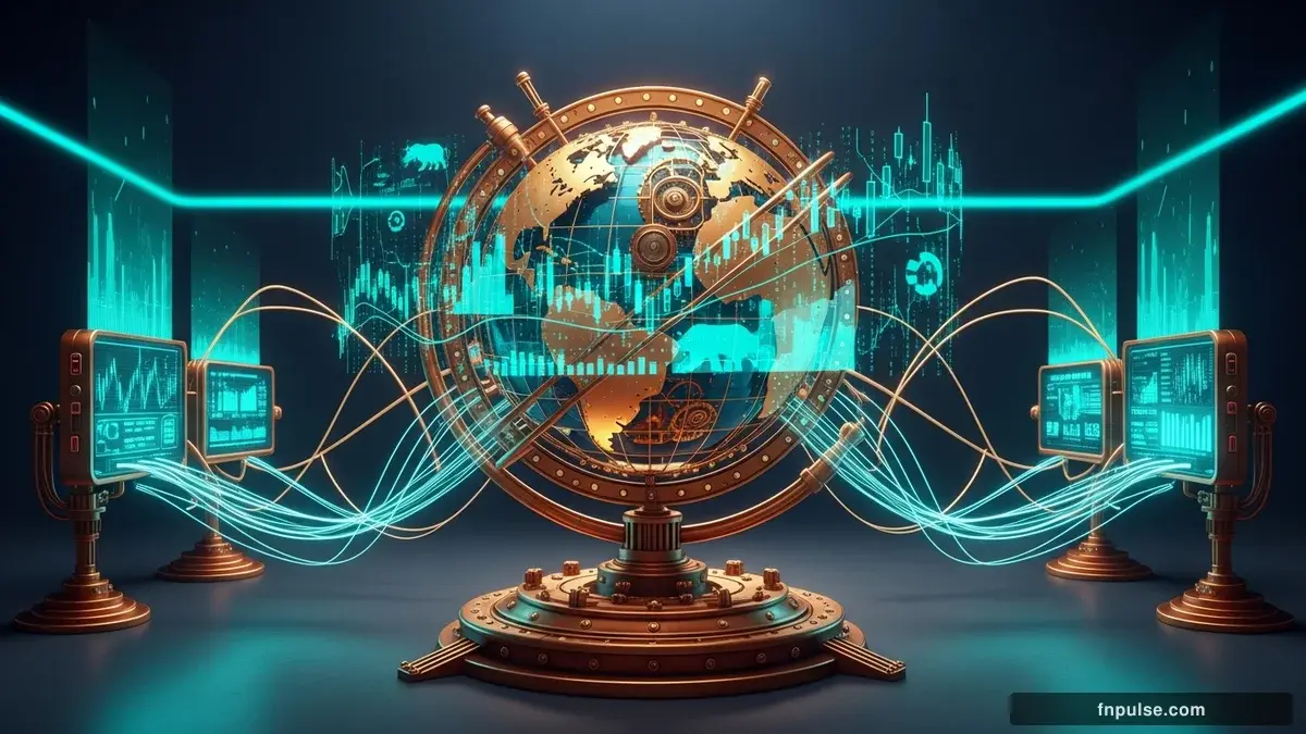 A steampunk globe with brass meridian lines and copper continent plates, surrounded by glowing teal financial data streams, candlestick charts, and holographic trading network connections — editorial illustration for "Yuan Hits 3-Year High as Trump-Xi Summit Drives Dollar Weakness Amid Geopolitical Pivot".
