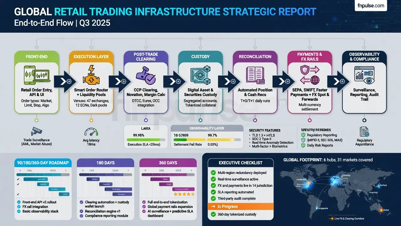 Infographic titled 'Global Retail Trading Infrastructure Strategic Report.' It features a flowchart with arrows and icons illustrating stages from front-end, execution layer, post-trade clearing, custody, reconciliation, payments, FX rails to observability and compliance. Key metrics include SLA meters, service levels, and security features. Descriptive icons represent processes like surveillance and reporting. The roadmap at the bottom outlines a 90/180/360-day plan. Executive checklist and world map highlight global aspects. Tone is technical and informative.