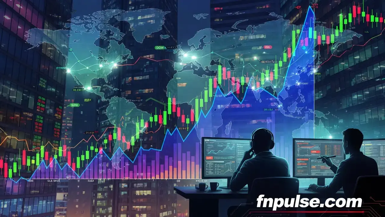 A dynamic financial market illustration with towering skyscrapers, colorful stock charts, and two silhouetted analysts at monitors, overlayed with a glowing world map.