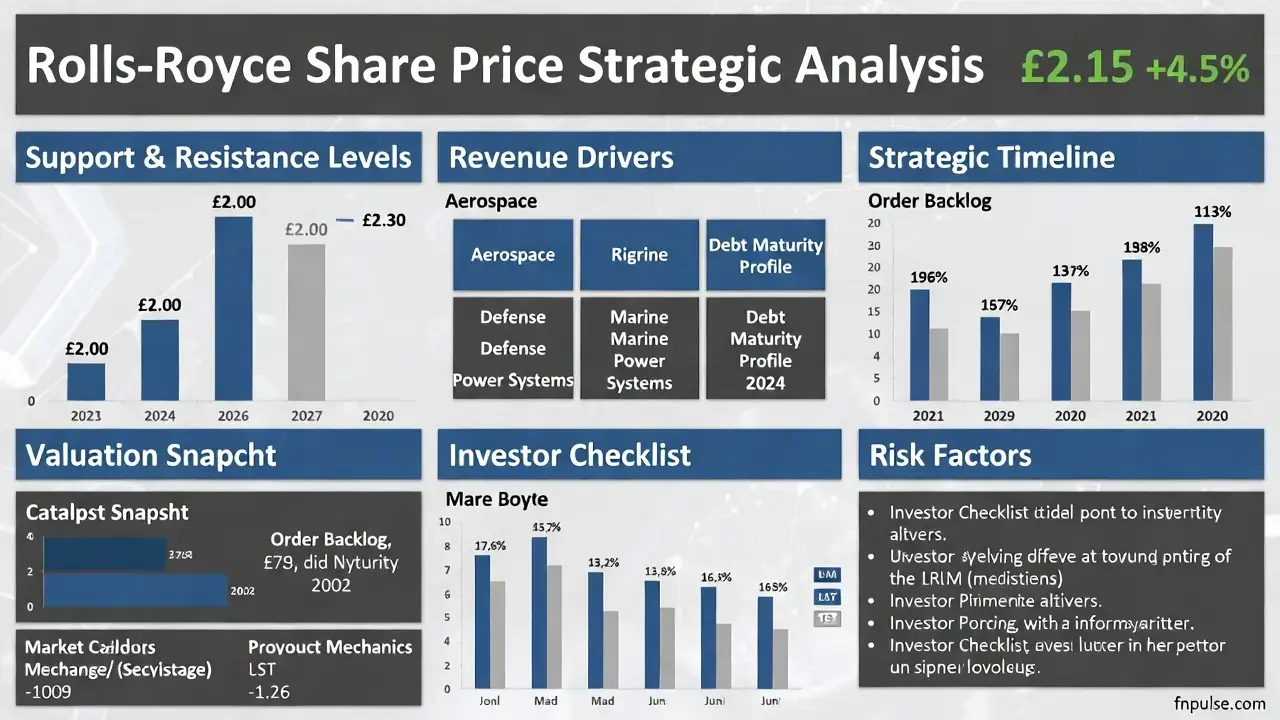 Infographic titled 'Rolls-Royce Share Price Strategic Analysis.' It shows share price at £2.15, up 4.5%. Key elements include support and resistance levels, revenue drivers for aerospace, defense, marine, and power systems, market mechanics, order backlog, debt maturity profile, and strategic timeline. Includes a valuation snapshot, catalyst callouts, risks, and an investor checklist. Tone is analytical and informative.